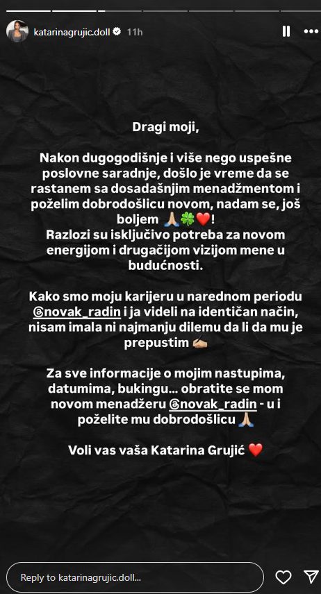Katarina Grujić donela važnu odluku, pevačica se odmah oglasila: "Došlo je vreme da se rastanemo" 8 Screenshot 2025 05 09 080907