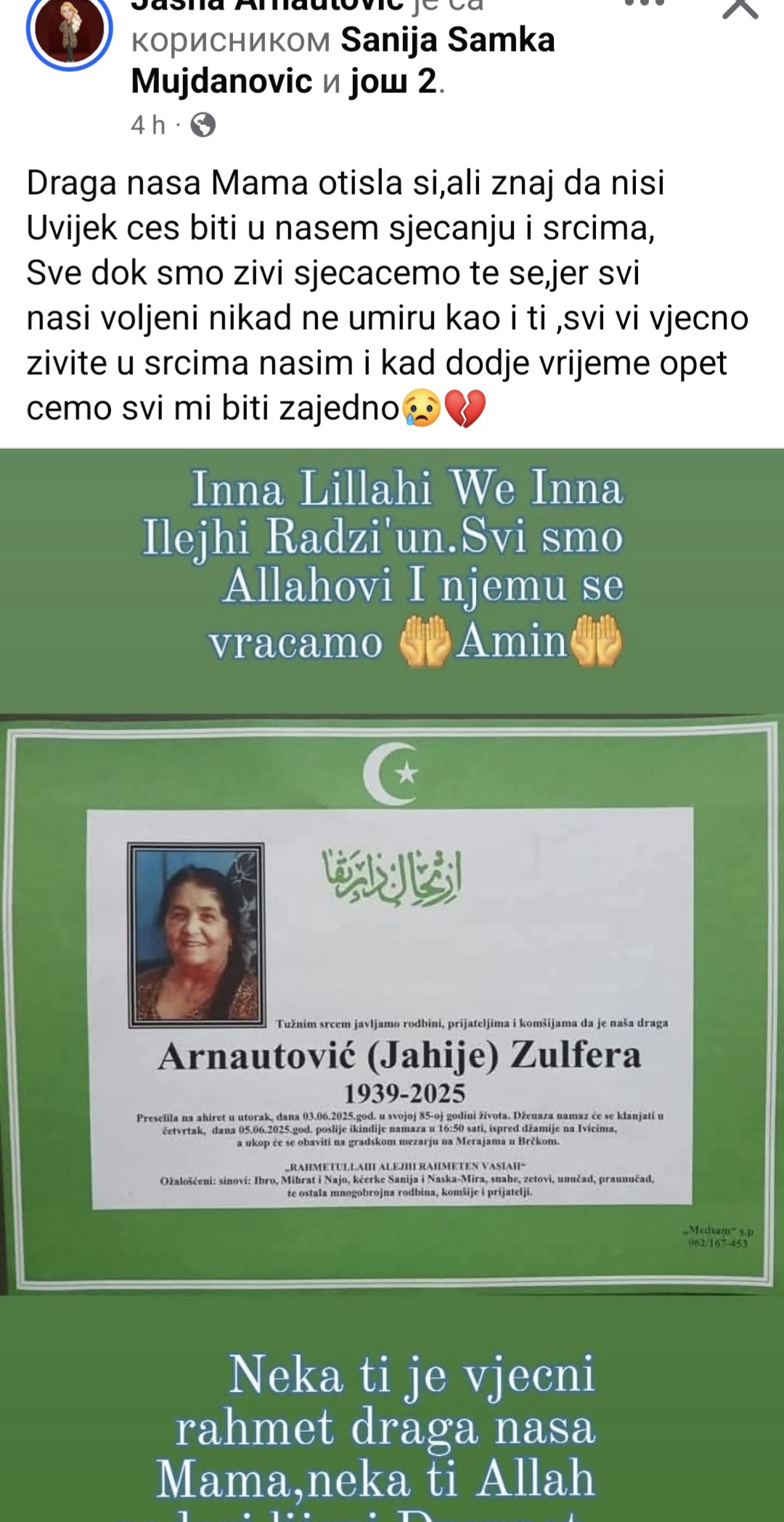 "Naši voljeni nikada ne umiru, opet ćemo biti zajedno": Tuga u porodici naše pevačice, objavila umrlicu i slomila se 4 Screenshot 20250603 184604 Facebook