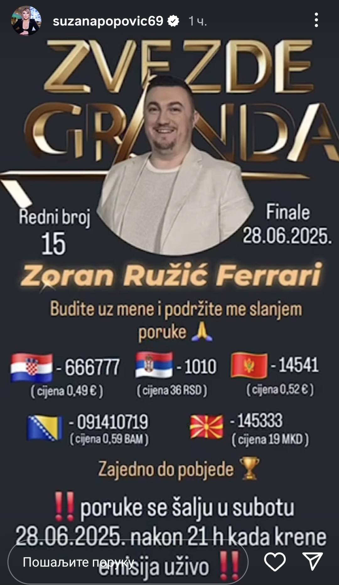 Suzana Jovanović se prvi put oglasila nakon smrti Saše Popovića, tiče se finala Zvezda Granda 9 Screenshot 20250627 140800 Instagram
