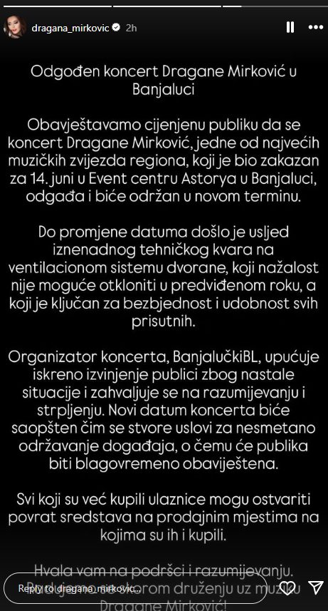 Dragana Mirković izdala hitno saopštenje: Koncert u Banjaluci otkazan, ovo je razlog 6 image 8 5