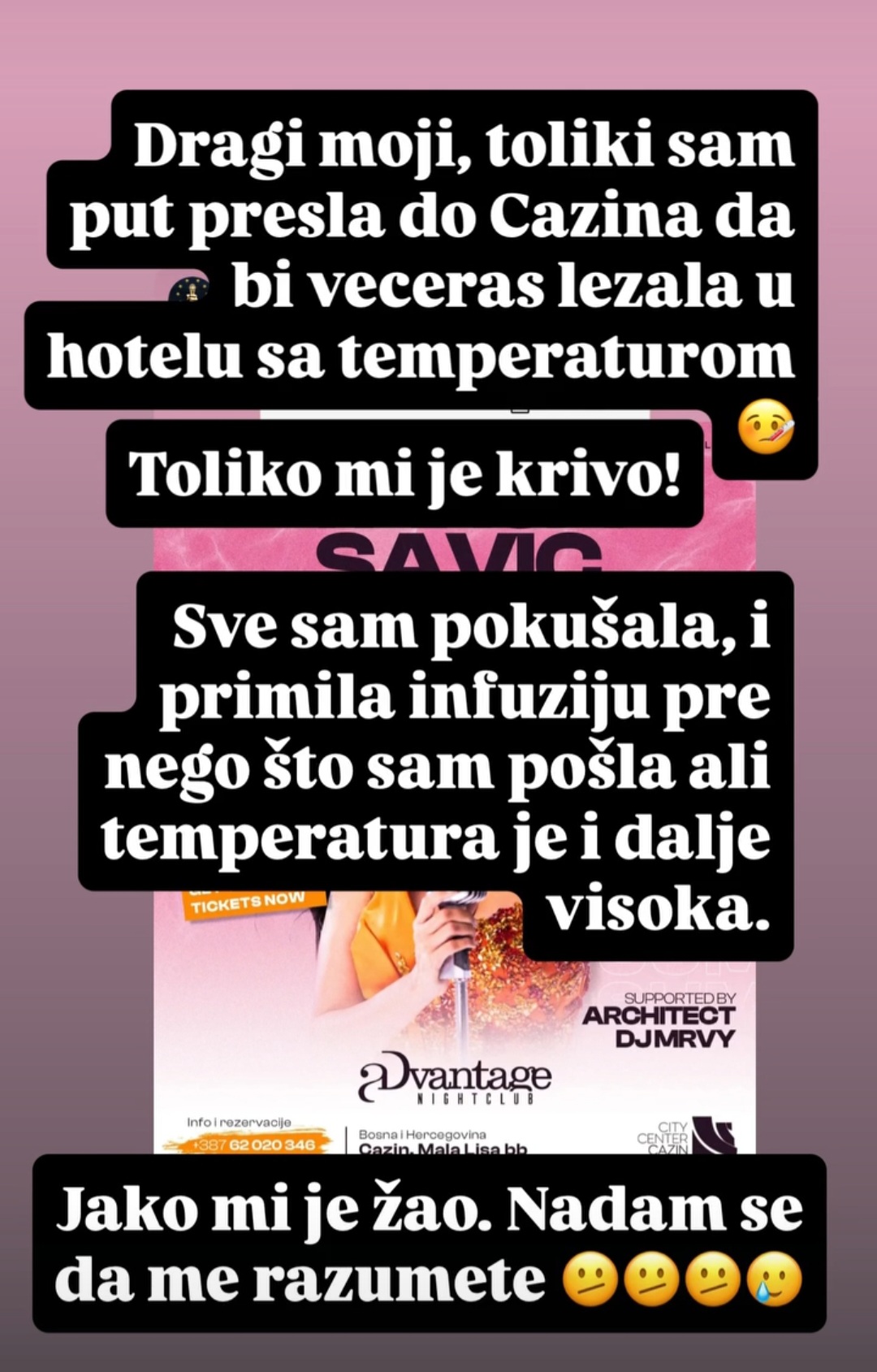Tanja Savić na ivici suza otkazala nastup u Bosni: "Jako mi je krivo" 5 Screenshot 20250802 084509 Instagram