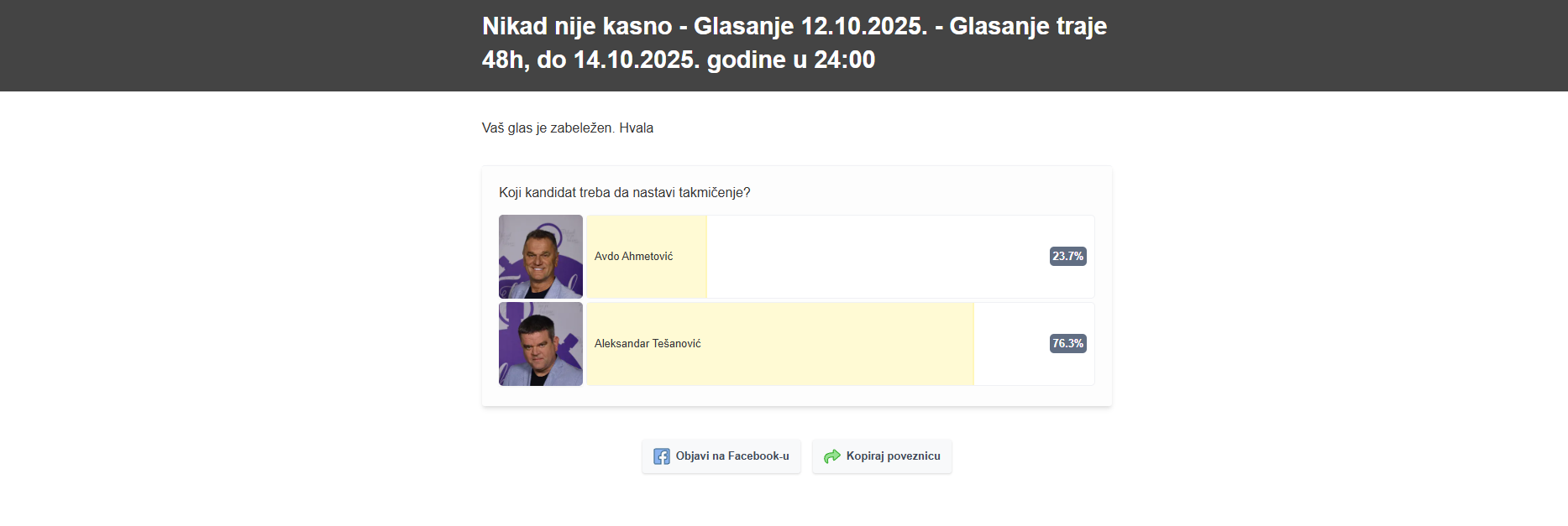 Ko vodi u Nikad nije kasno? Trka za drugi krug takmičenja se završava, ovo je trenutni rezultat glasanja 7 ko vodi nikad nije kasno