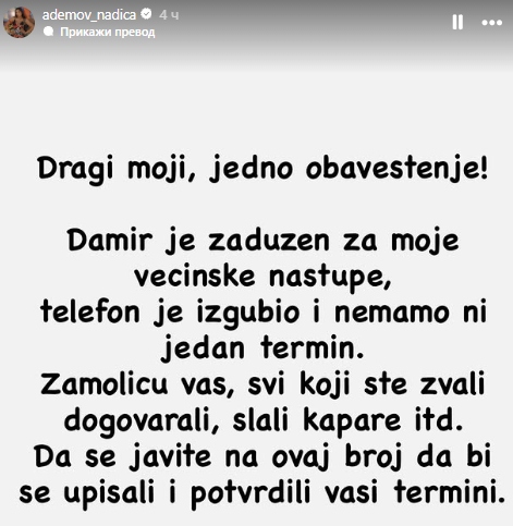 Muž Nadice Ademov izgubio telefon, pevačica se hitno oglasila 8 nadica ademoc