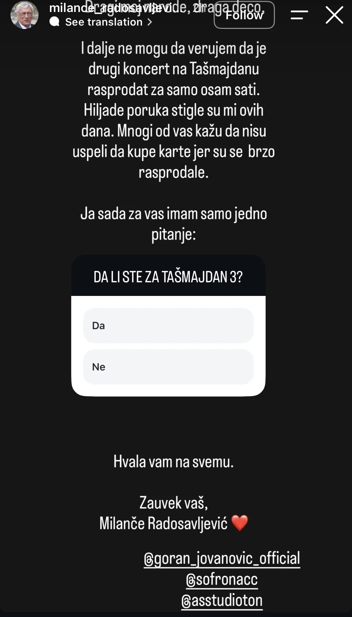 Hiljade poruka stigle nakon rasprodatog drugog koncerta: Milanče Radosavljević se oglasio i postavio samo jedno pitanje: "Da li ste za Tašmajdan 3?" 7 IMG 9506