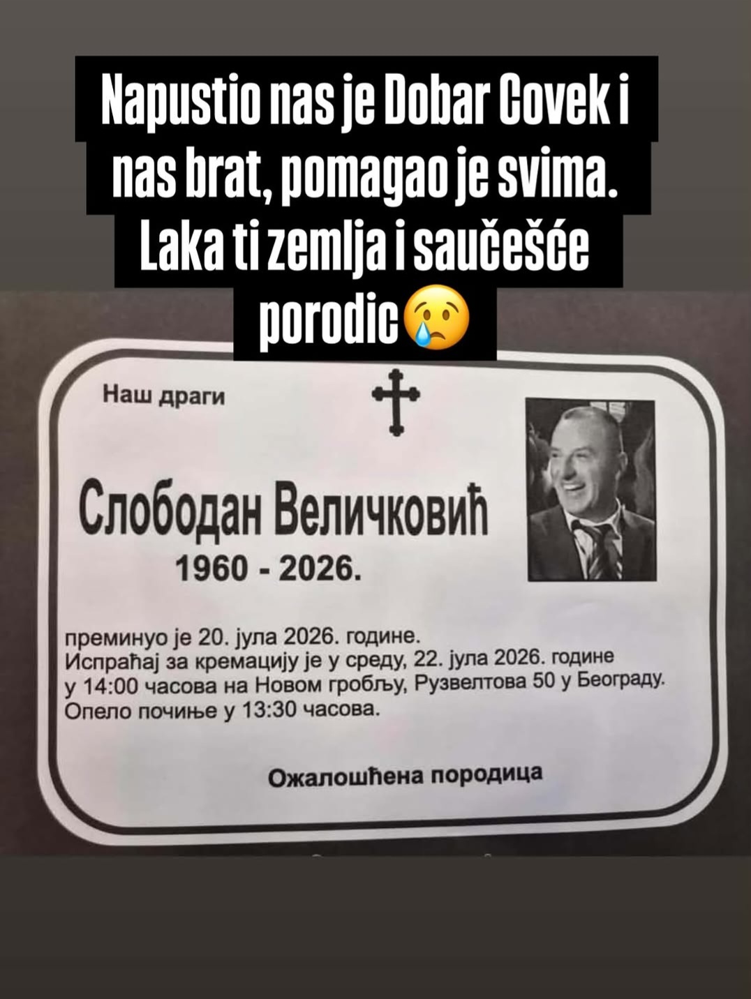 "Napustio nas je dobar čovek": Vest o njegovoj preranoj smrti potresla Grand 8 Screenshot 20260721 132233 Instagram