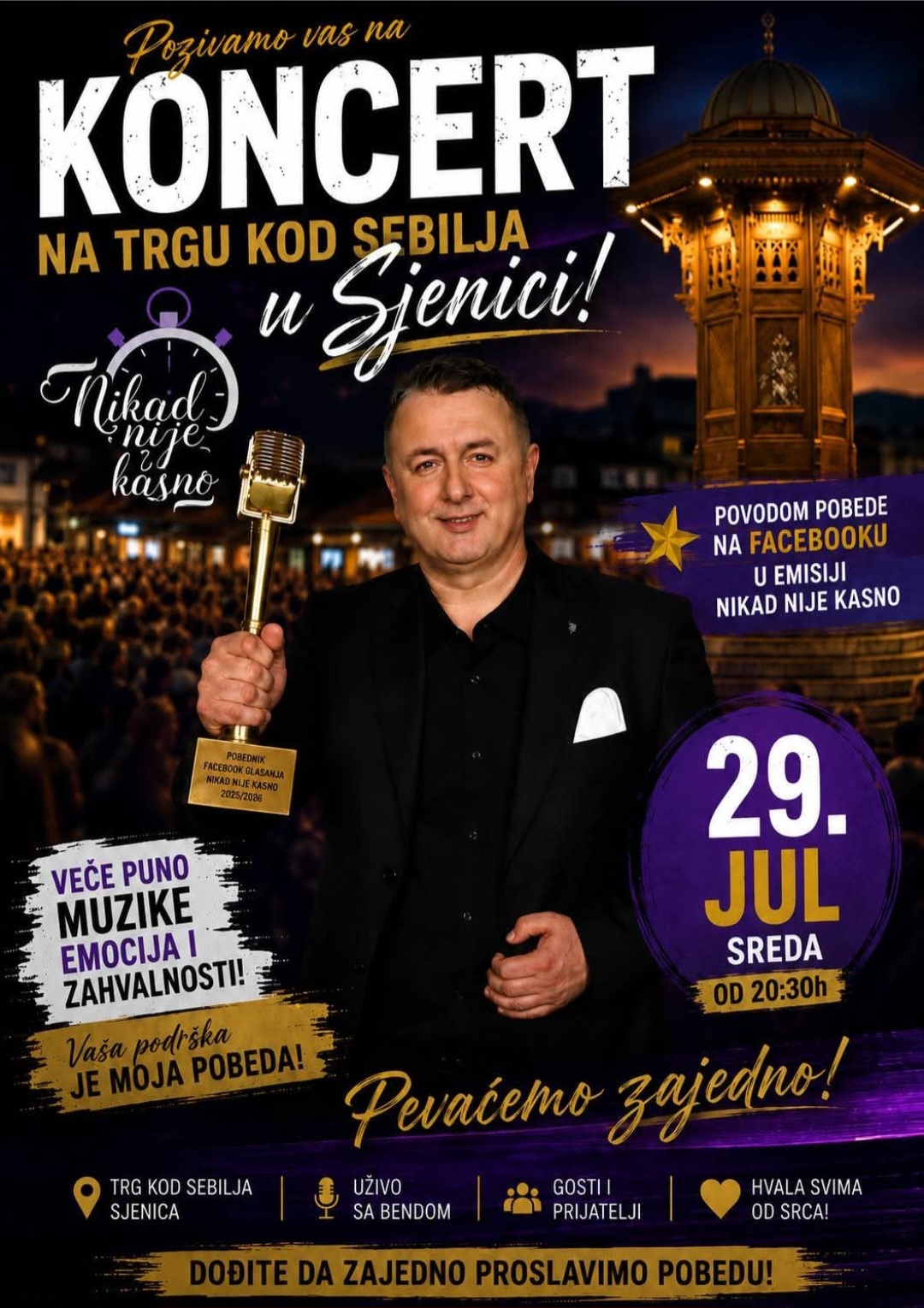 Jasmin Selmanović večeras organizuje spektakl sa najdražim gostima, ovi pevači izlaze sa njim na scenu: "Kao jedna velika porodica" 8 Screenshot 20260729 154507 Facebook